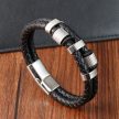 Nemesacél és bőr férfi karkötő, 21cm, fekete-ezüst
