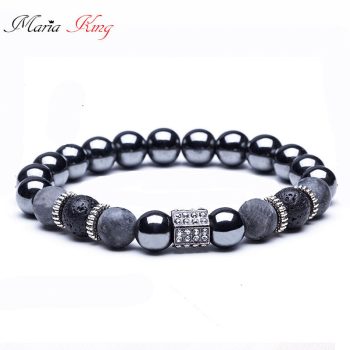   Fekete-szürke lávakő és kristály gyöngy karkötő, 18 cm