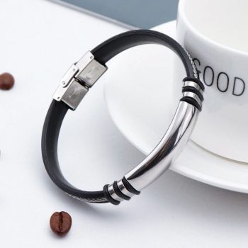   Szilikon és nemesacél férfi karkötő, ezüst-fekete - gravírozható 2.