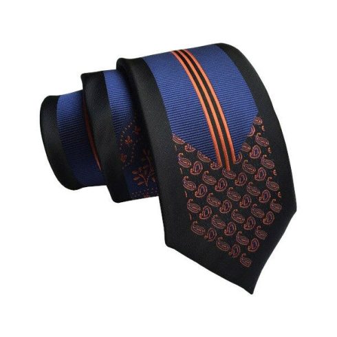 Fekete-kék-narancssárga mintás keskeny nyakkendő