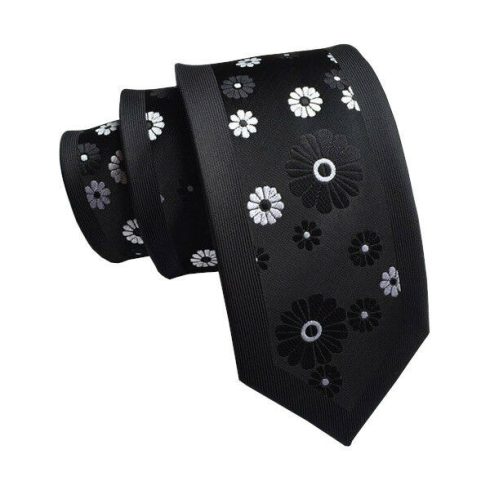fekete-fehér virág mintás nyakkendő