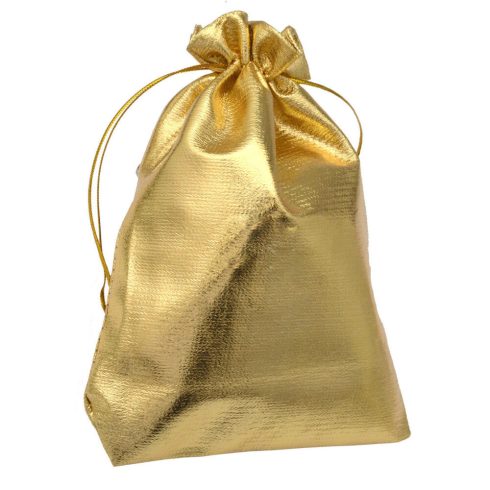 Fényes arany textil kis ajándéktasak ékszerhez, kulcstartóhoz (80x115 mm)