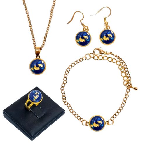kék-arany-csillámos-lánc-karkötő-fülbevaló-és-gyűrű ékszerszett
