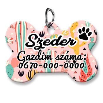 kutyabiléta-csont-alakú-színes-kaktuszos-mintával