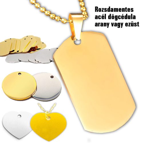 Tükörfényű acél dögcédula vagy szív medál, arany színben
