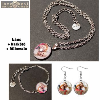 Fényképes ékszerszett (nyaklánc, karkötő, fülbevaló) acél kubai nyaklánccal, ezüst szín (márkadobozzal)