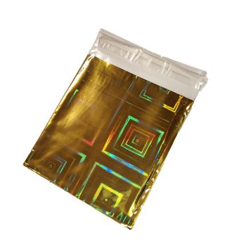   Fényes arany kis celofán ajándéktasak gyűrűhöz, fülbevalóhoz, kulcstartóhoz (kb. 7 cm)